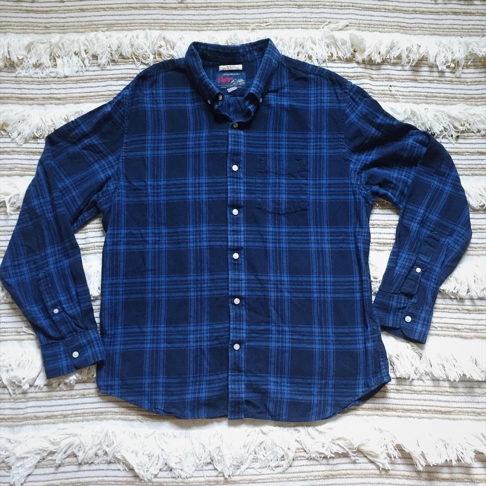 Old Navy Blue Plaid Flannel Shirt Slim Fit XL